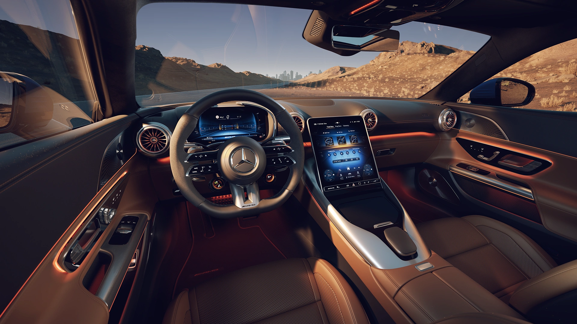 Mercedes-AMG GT sisevaade maastiku taustal