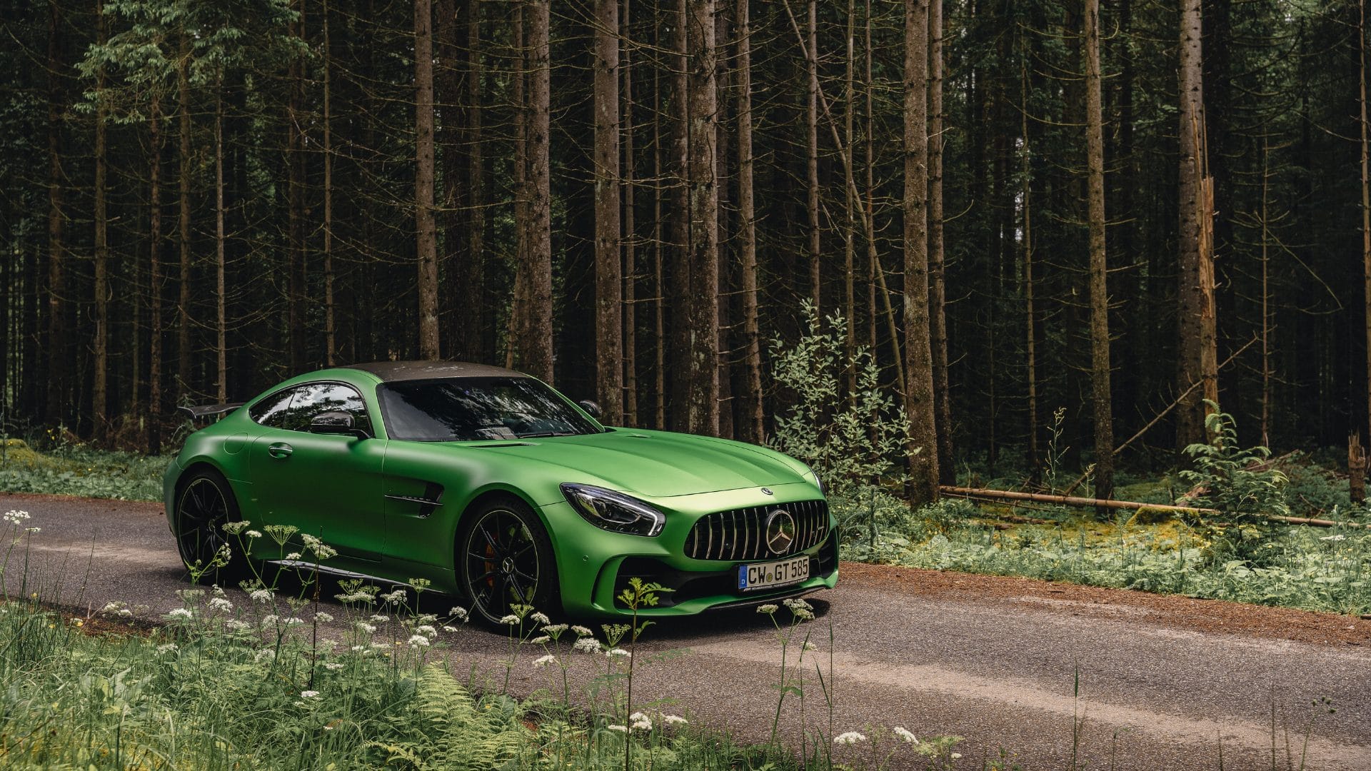 Roheline Mercedes-AMG GT metsateel külgvaates